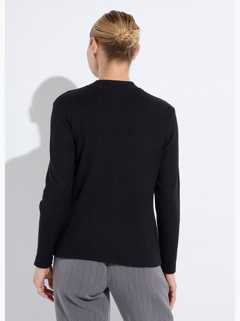 T-shirt col montant maille côtelée manches longues Noir - Kiabi