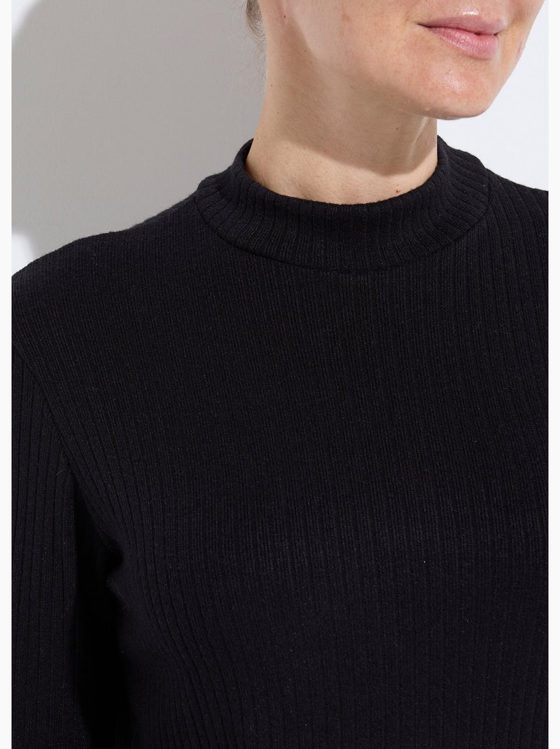 T-shirt col montant maille côtelée manches longues Noir - Kiabi