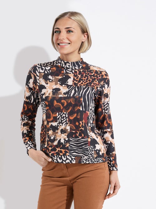 T-shirt col montant motif animalier maille chaude - Kiabi