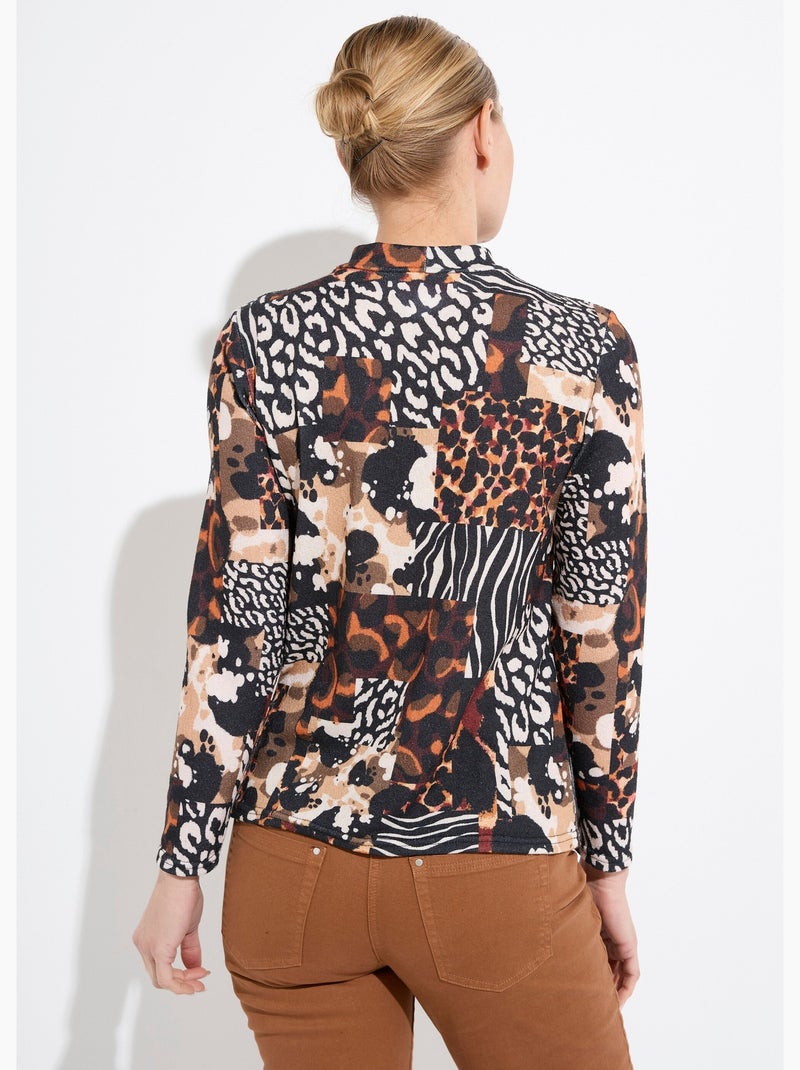 T-shirt col montant motif animalier maille chaude Noir Orange - Kiabi