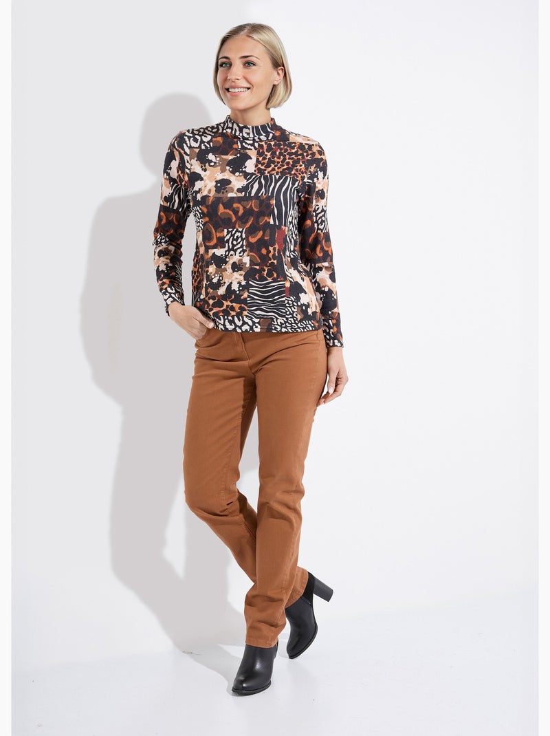 T-shirt col montant motif animalier maille chaude Noir Orange - Kiabi