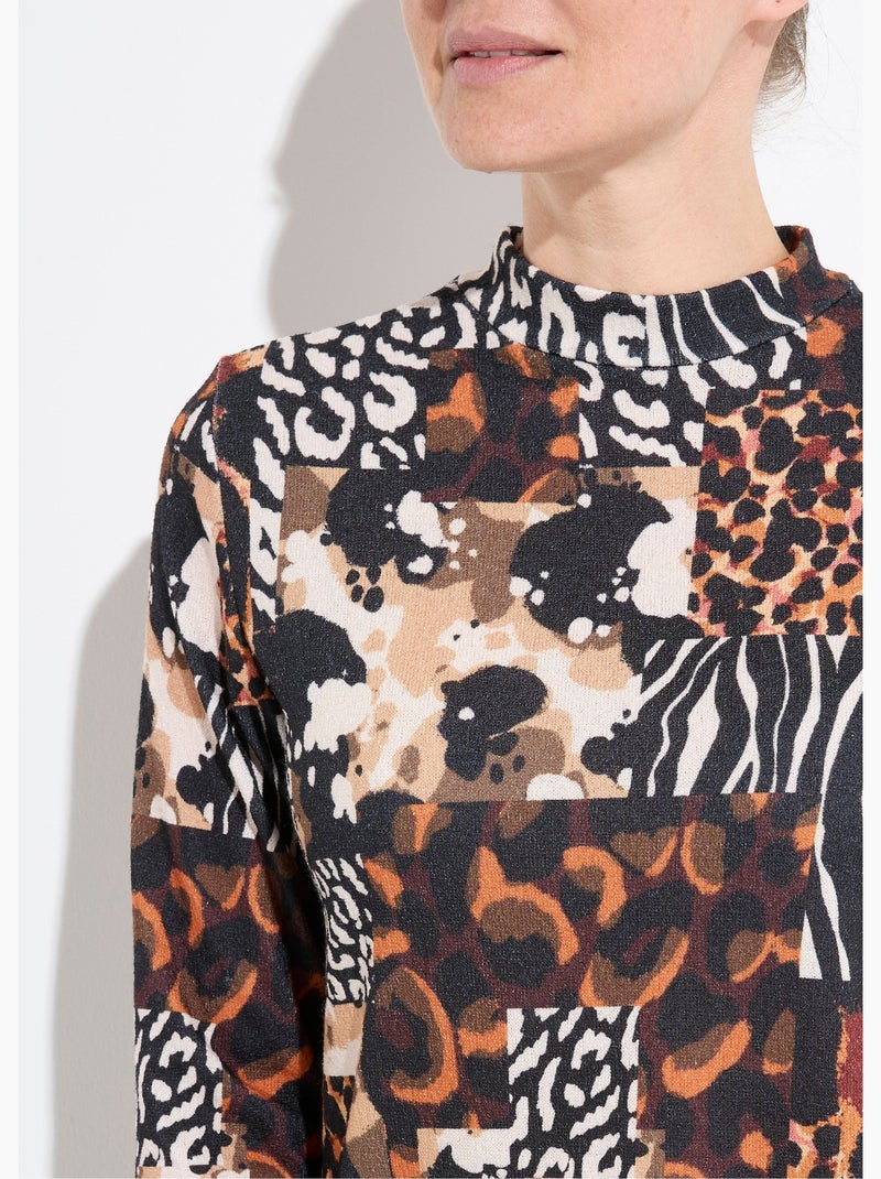 T-shirt col montant motif animalier maille chaude Noir Orange - Kiabi