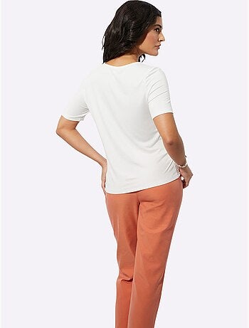 T shirt col rond à manches courtes viscose avec broderie florale - Taille standard - Helline