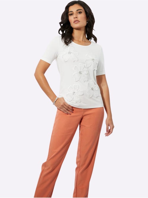 T shirt col rond à manches courtes viscose avec broderie florale - Taille standard - Helline - Kiabi