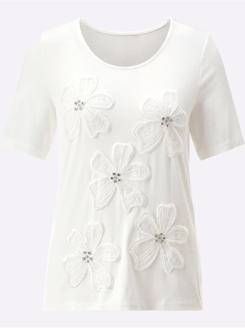 T shirt col rond à manches courtes viscose avec broderie florale - Taille standard - Helline - Kiabi