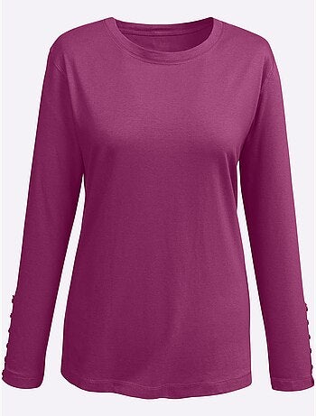 T-shirt col rond à manches longues avec boutons décoratifs - Taille standard - Moda Vilona