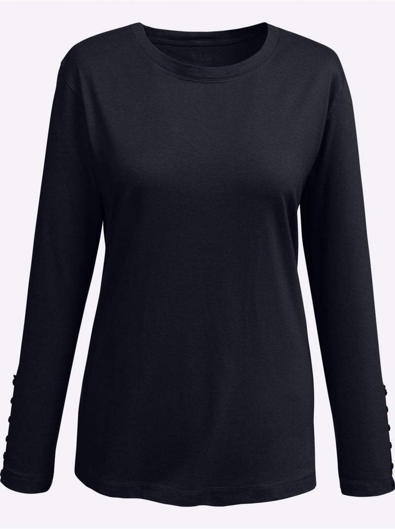 T-shirt col rond à manches longues avec patte de boutonnage - Taille standard - Moda Vilona Noir - Kiabi