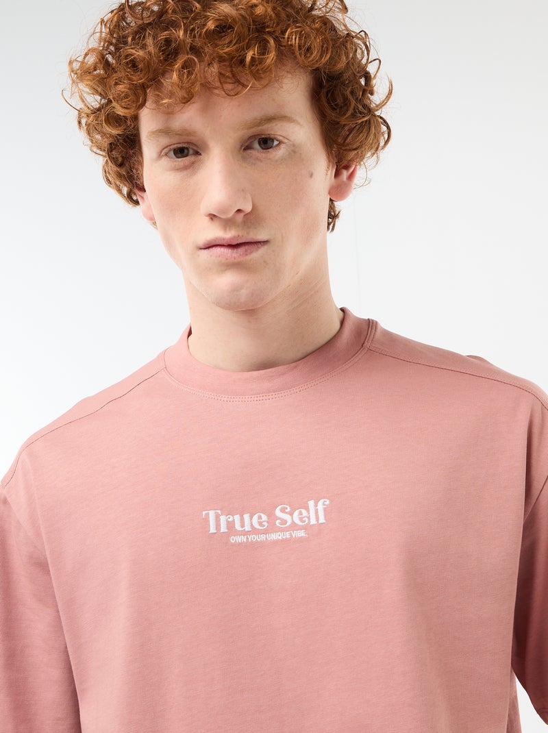 T-shirt col rond avec broderie contrastante Rose - Kiabi