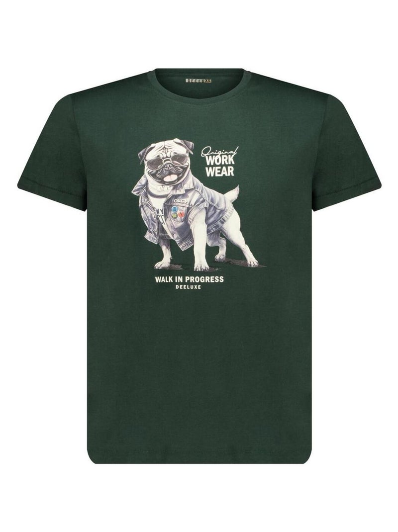 T-shirt col rond avec bulldog avec une veste en jeans imprimé sur l devant 'Deeluxe' Vert forêt - Kiabi