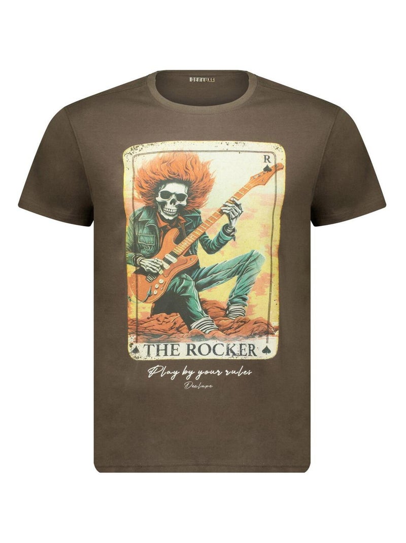 T-shirt col rond avec imprimé carte avec rockeur et tête de mort 'Deeluxe' Vert bouteille - Kiabi