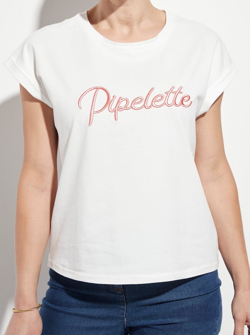 T-shirt col rond avec message Pipelette Blanc - Kiabi