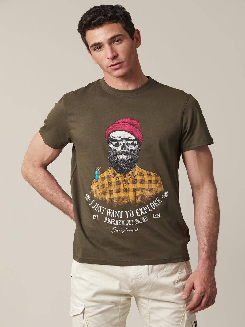 T-Shirt col rond avec tête de mort esprit bucheron 'Deeluxe' Kaki - Kiabi