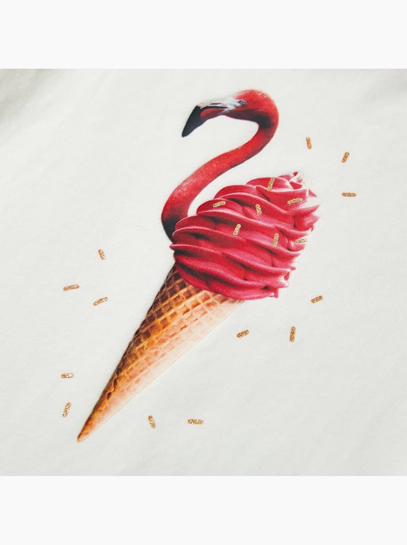 T-shirt col rond avec volant coton stretch imprimé flamant - vidaxl Blanc - Kiabi
