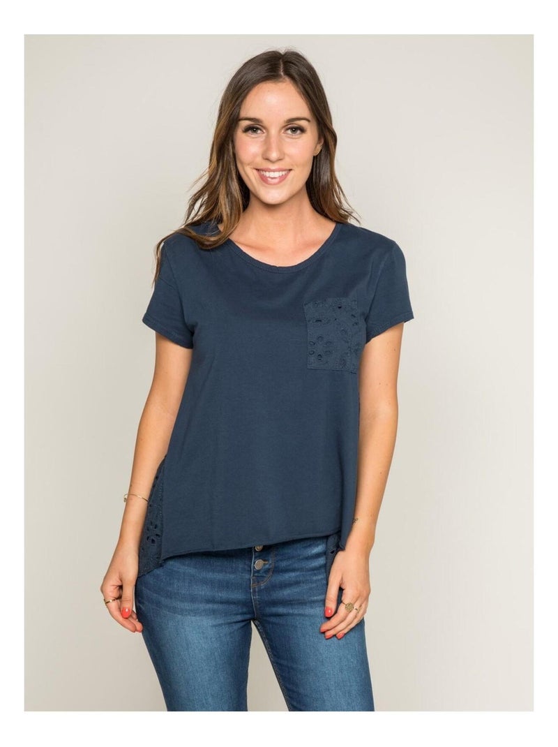 T-shirt col rond broderies anglaises FOCACIA Bleu marine - Kiabi