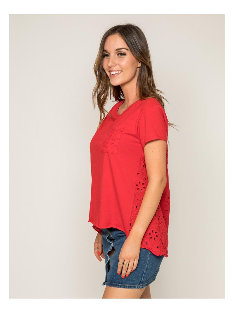 T-shirt col rond broderies anglaises FOCACIA Rouge - Kiabi