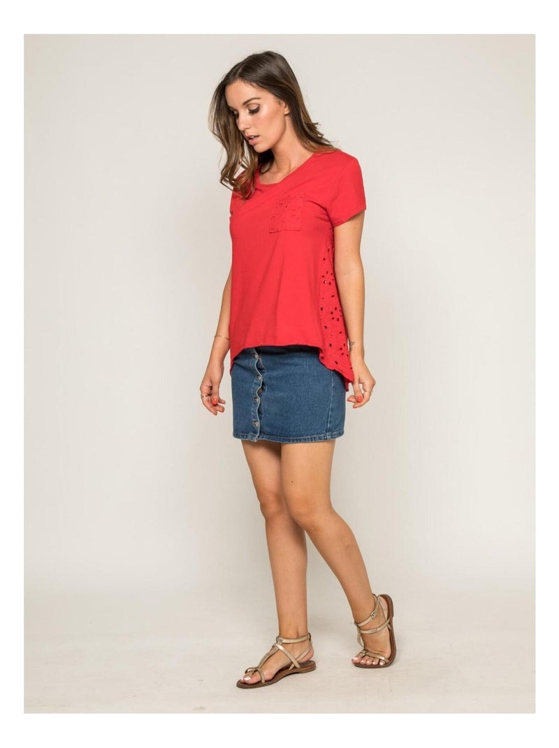 T-shirt col rond broderies anglaises FOCACIA Rouge - Kiabi