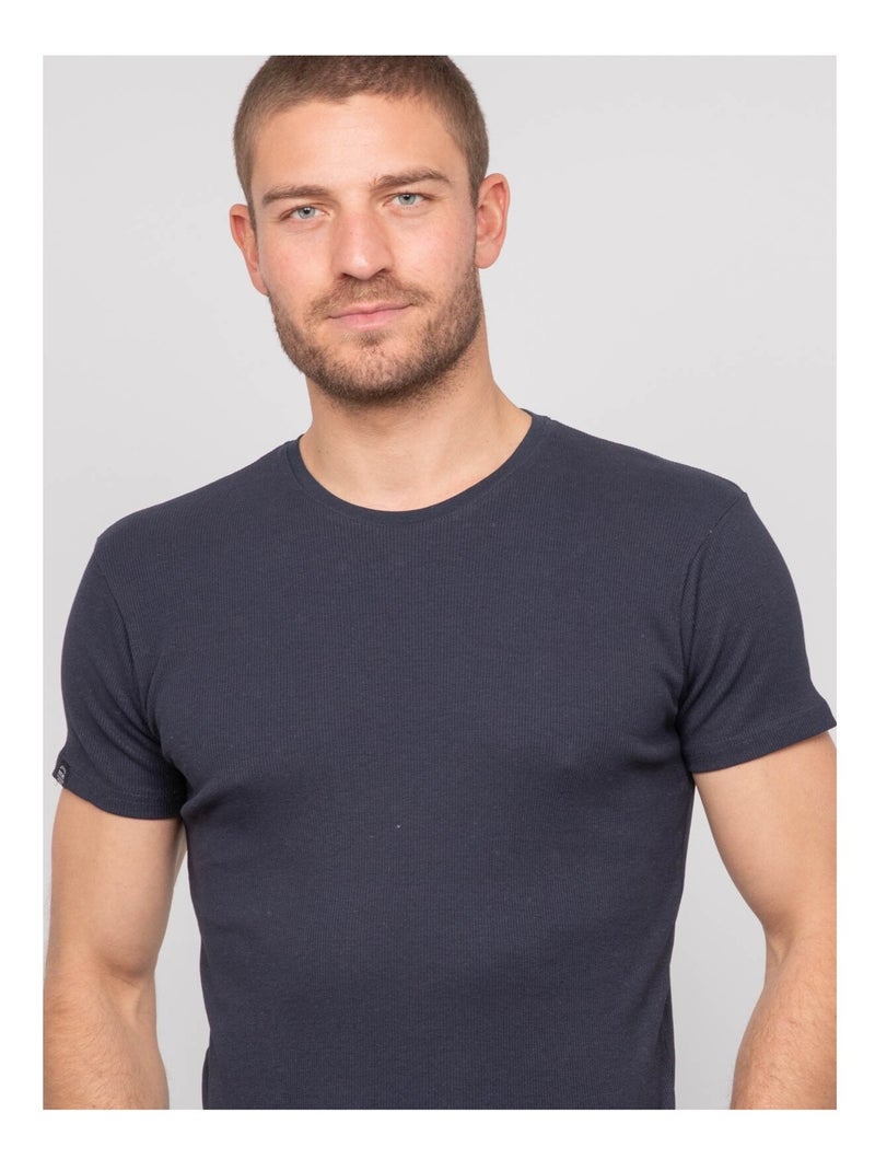 T shirt col rond coton cottelé WALTER Bleu marine - Kiabi