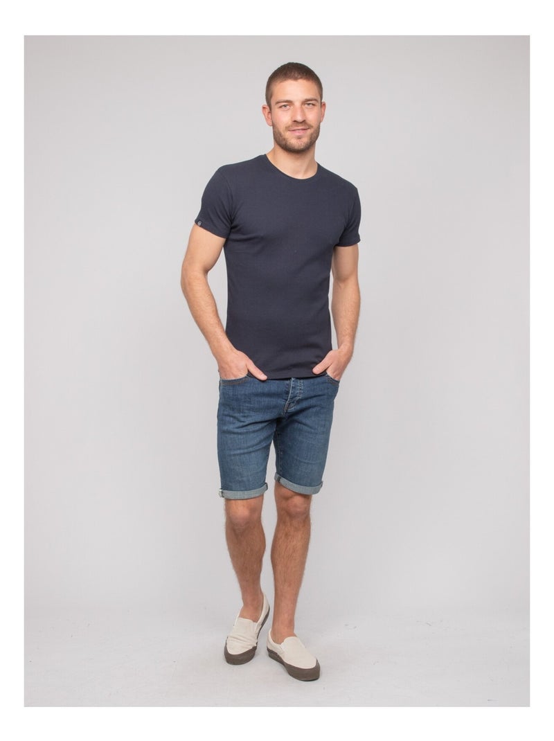 T shirt col rond coton cottelé WALTER Bleu marine - Kiabi