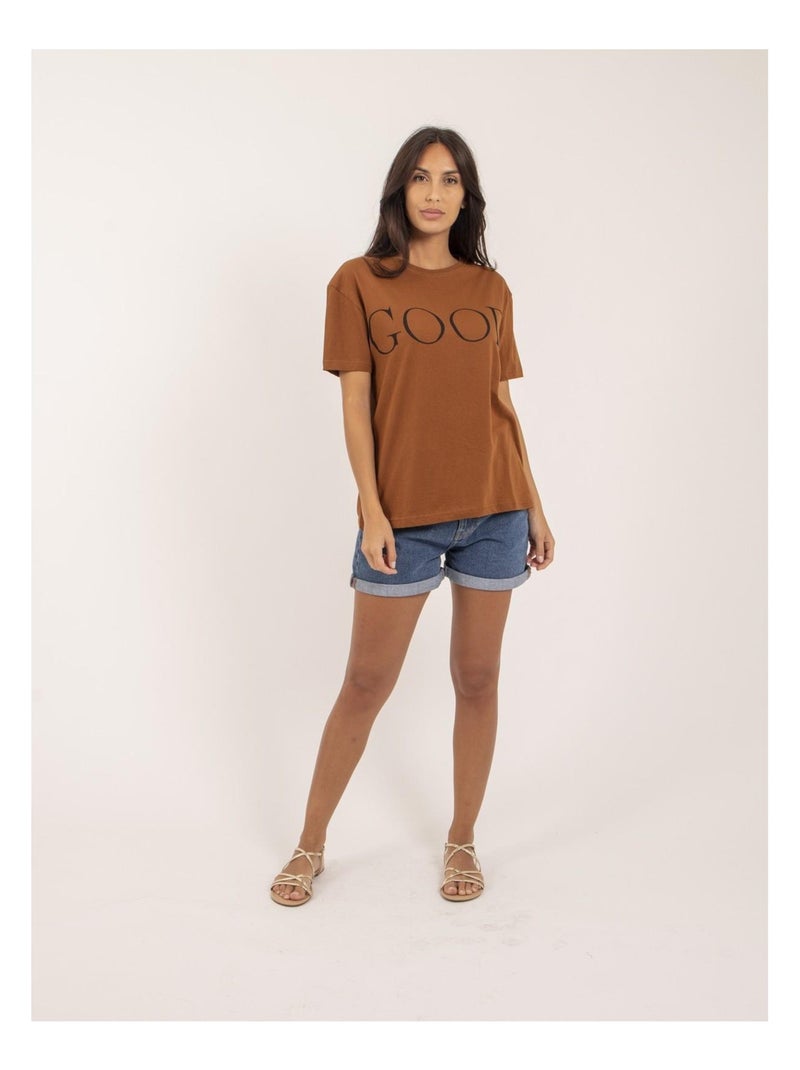 T-shirt col rond coton message FROM Marron - Kiabi