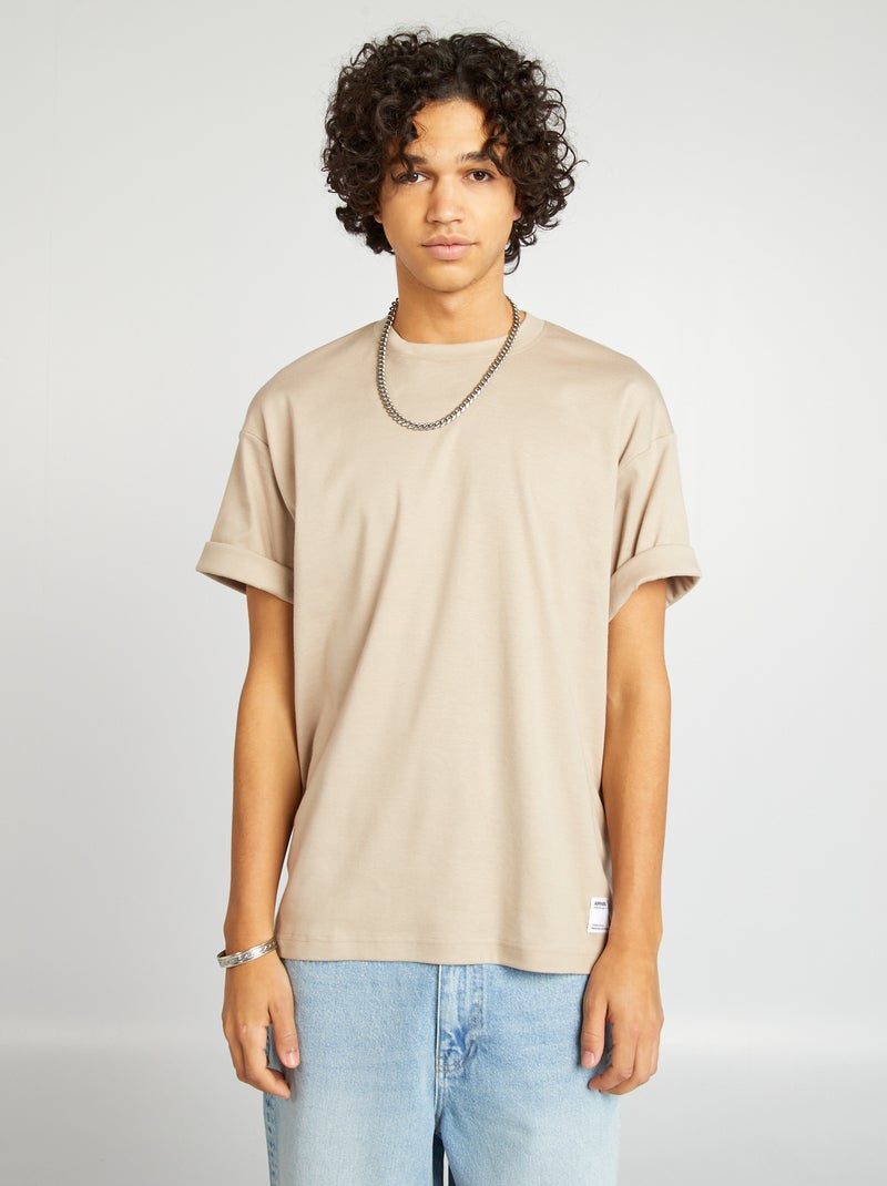 T-shirt col rond en coton beige - Kiabi