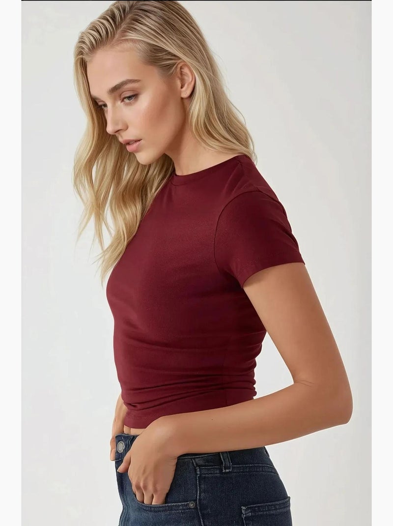 T-shirt col rond en coton doux au toucher et coupe ajustée hiccup Rouge bordeaux - Kiabi
