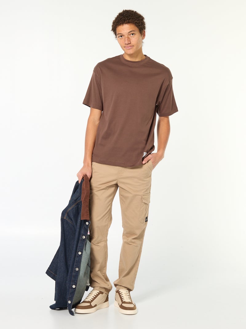 T-shirt col rond en coton Marron - Kiabi