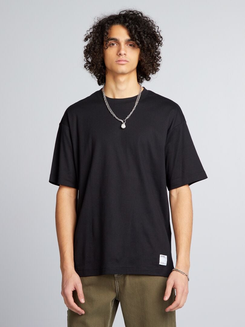 T-shirt col rond en coton noir - Kiabi
