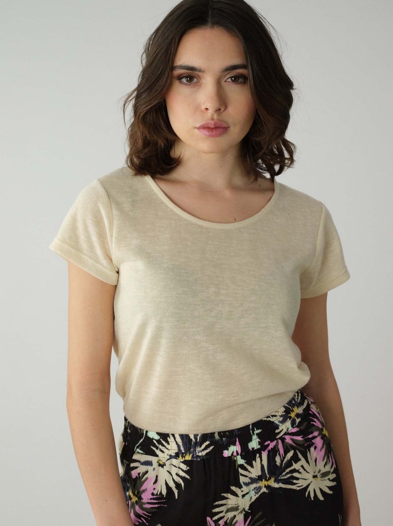 T-shirt col rond en jersey effet lin et pailleté 'Deeluxe' Beige coquille - Kiabi