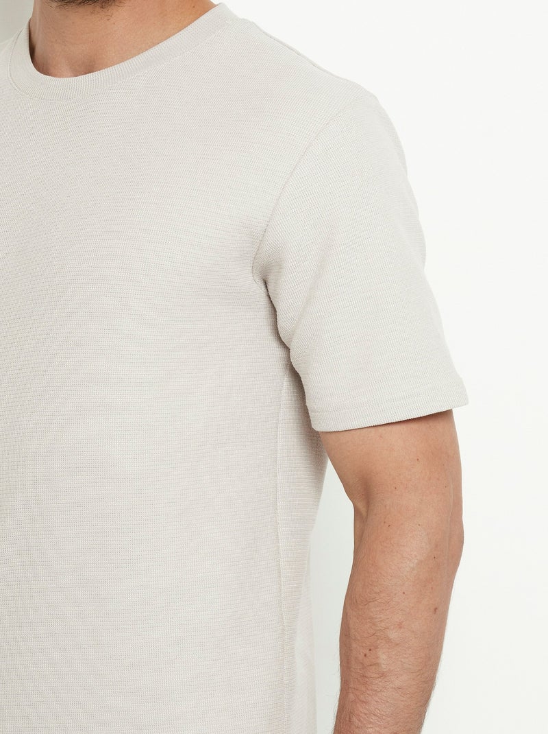 T-shirt col rond épais maille texturée Beige - Kiabi