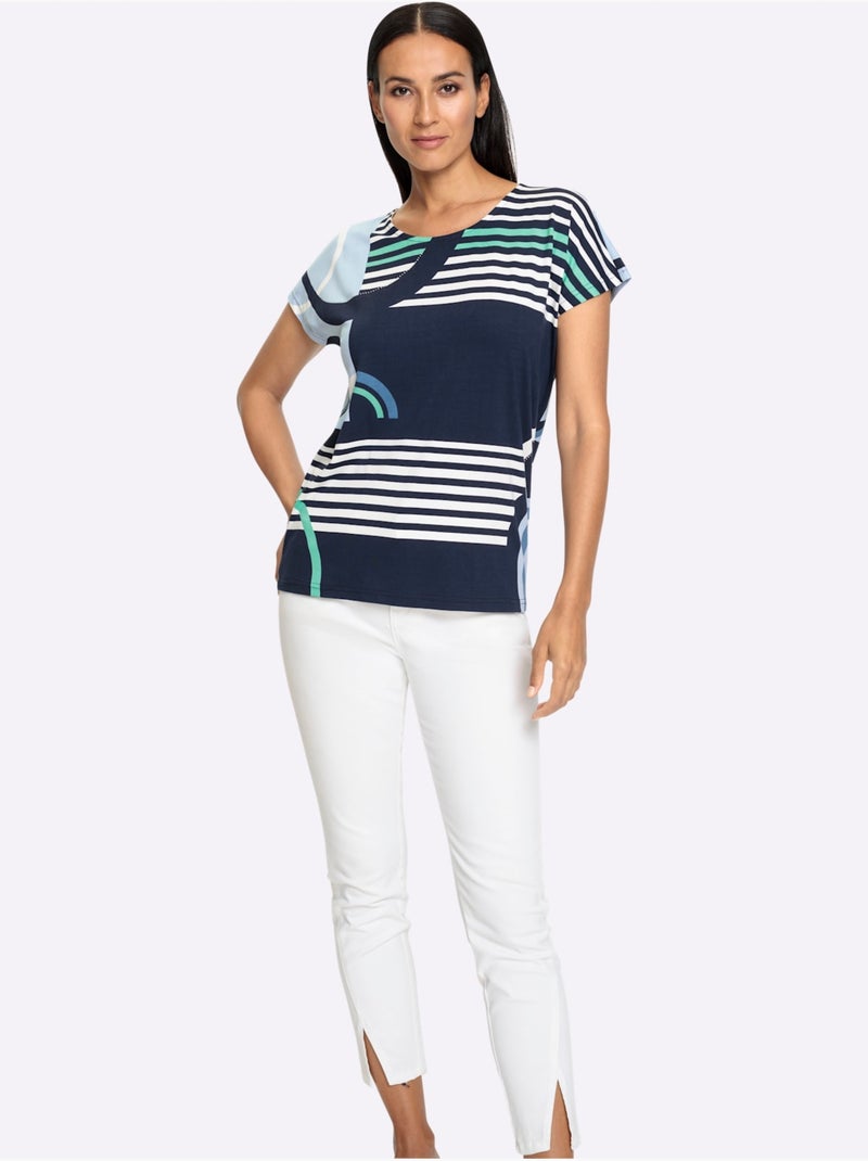 T shirt col rond et manches courtes imprimé graphique viscose douce - Taille standard - Helline Bleu marine - Kiabi