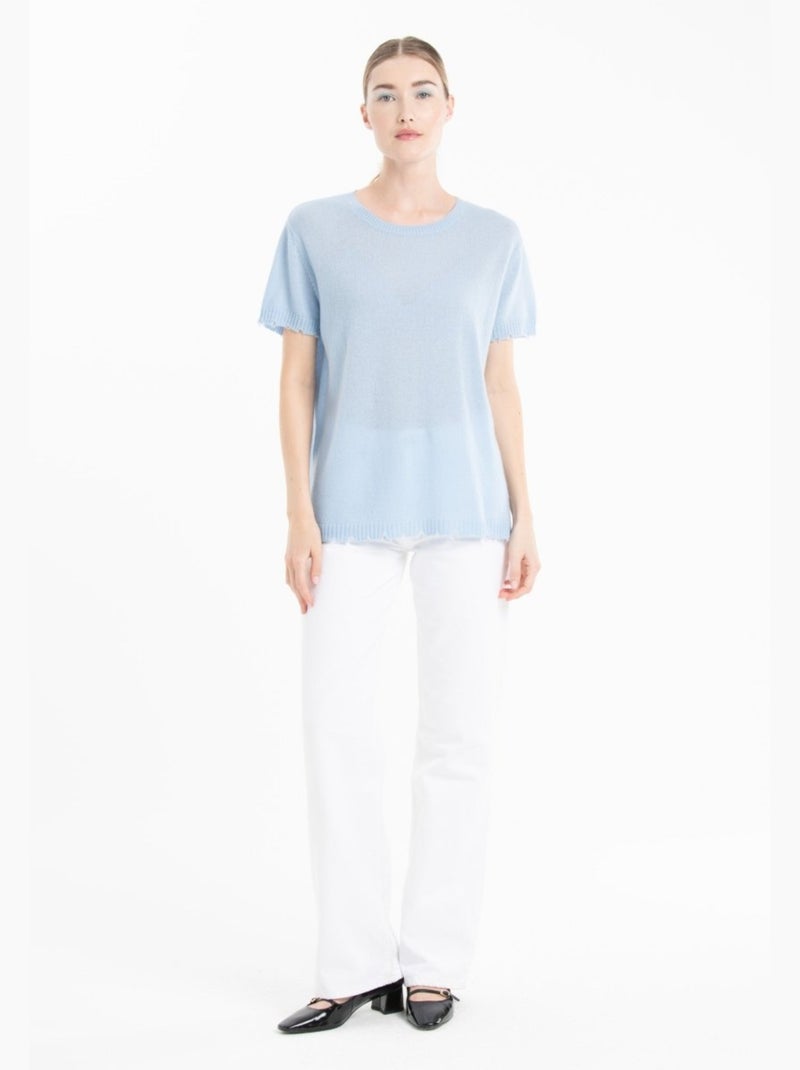T-shirt col rond femme 100% cachemire déjaugé - AVA 6 Bleu ciel - Kiabi