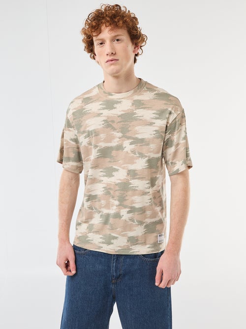 T-shirt col rond imprimé 'camouflage' en coton - Kiabi