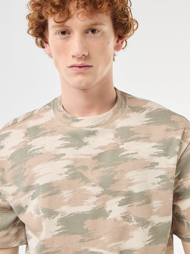 T-shirt col rond imprimé 'camouflage' en coton Vert - Kiabi