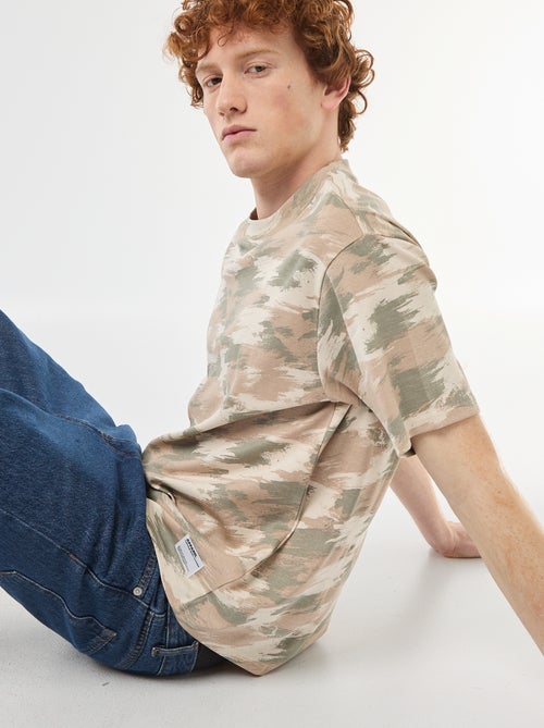 T-shirt col rond imprimé 'camouflage' en coton - Kiabi