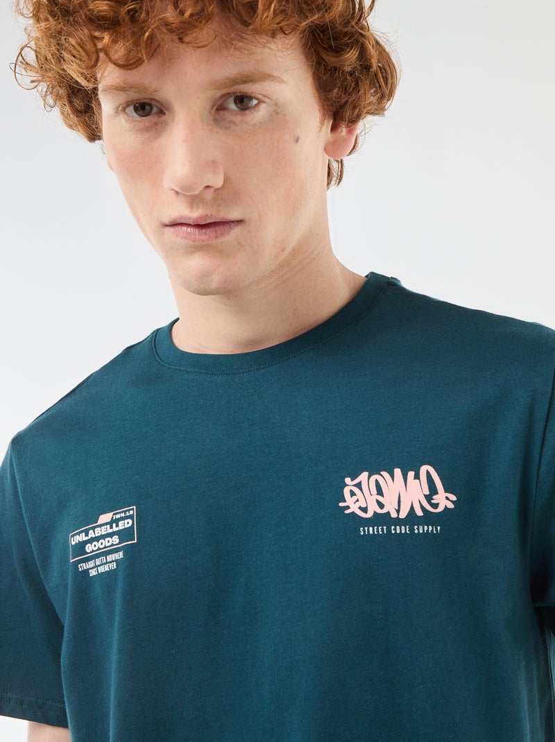 T-shirt col rond imprimé en coton Bleu - Kiabi