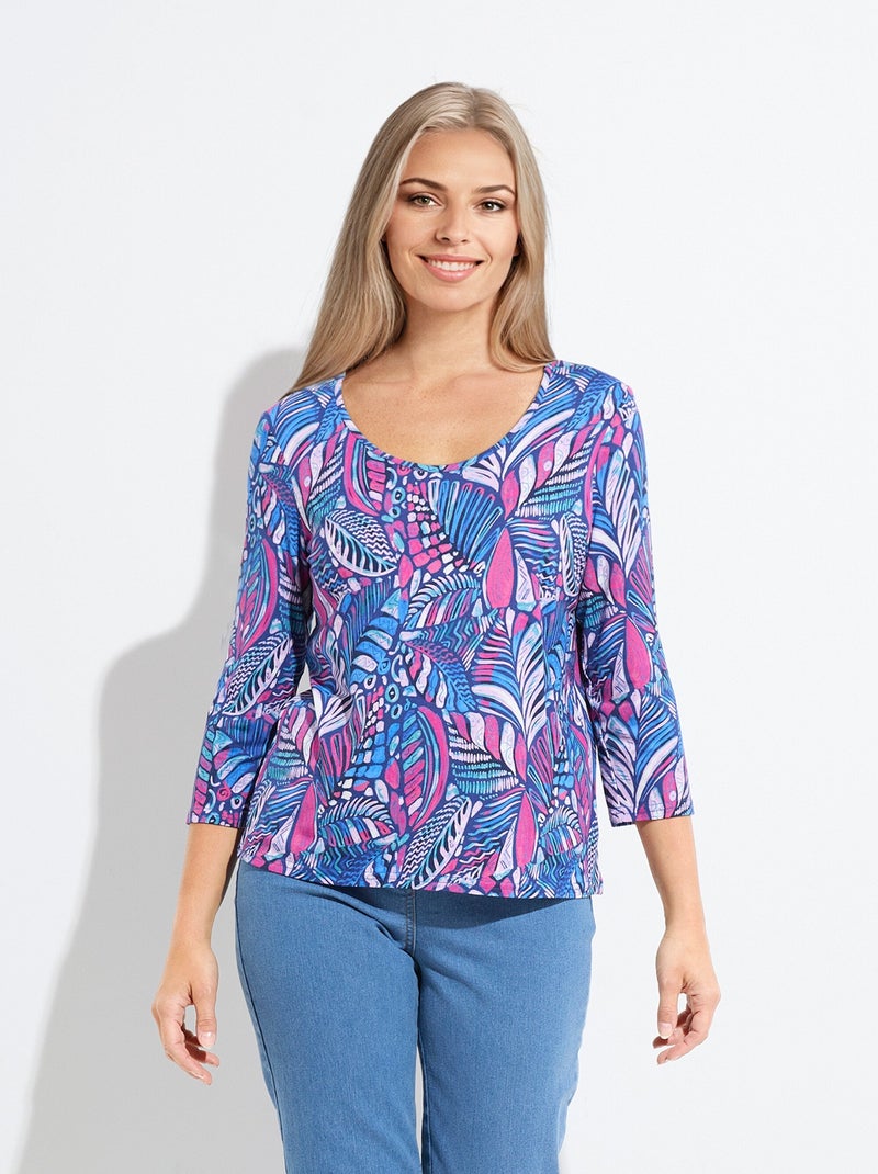 T-shirt col rond imprimé patchwork Bleu Rose - Kiabi