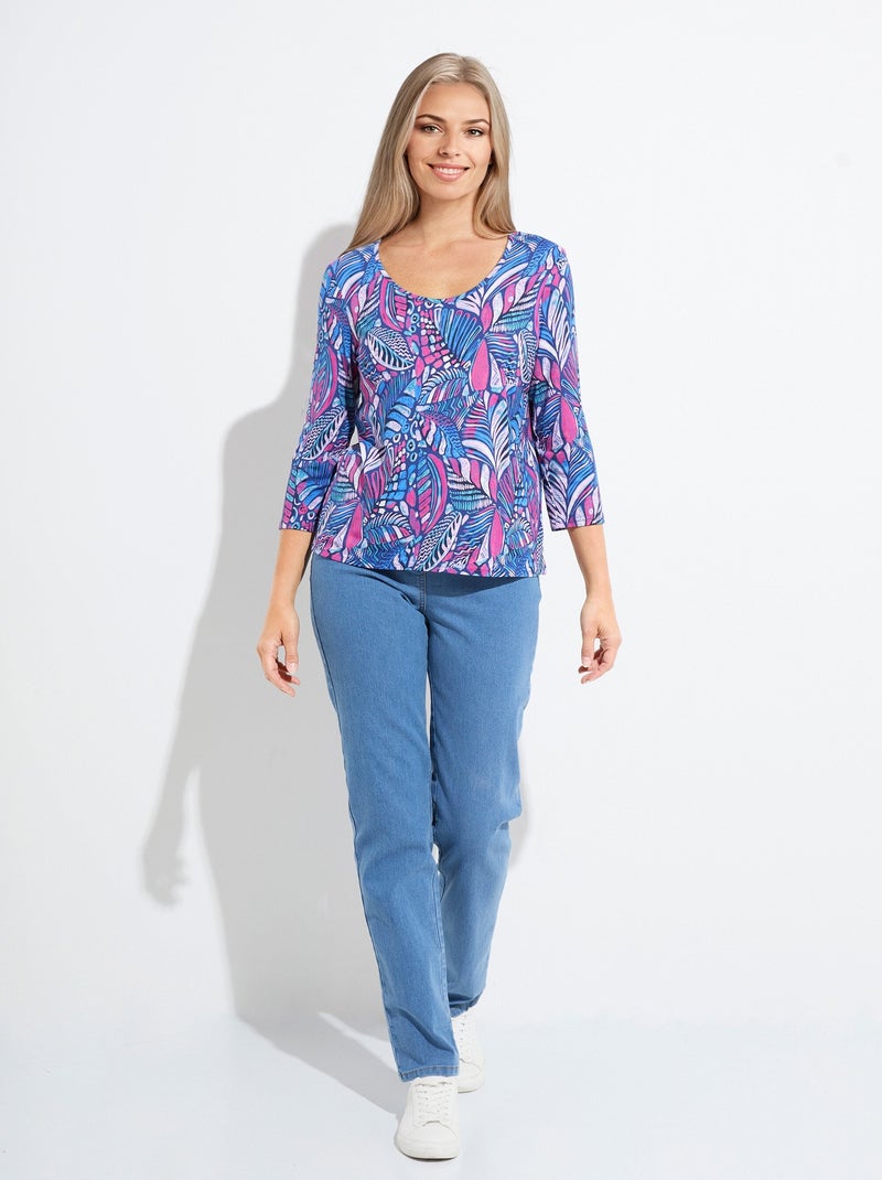T-shirt col rond imprimé patchwork Bleu Rose - Kiabi
