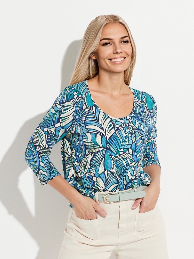 T-shirt col rond imprimé patchwork Bleu Vert - Kiabi