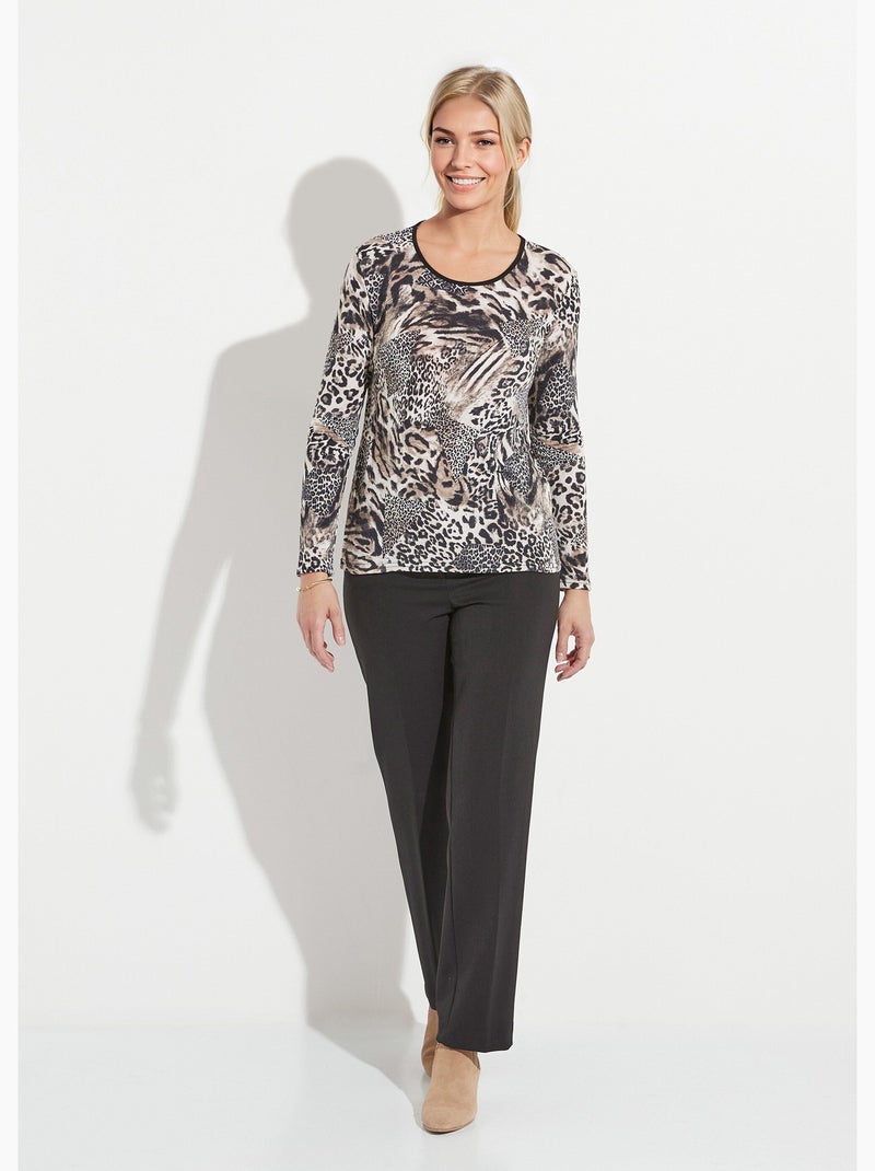 T-shirt col rond imprimé patchwork peau de bête Beige/Noir - Kiabi