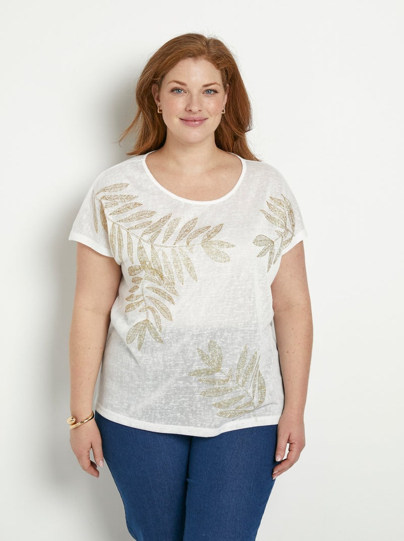 T-shirt col rond maille flammée motif doré Blanc - Kiabi