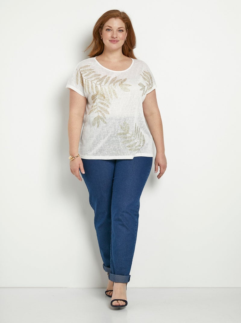 T-shirt col rond maille flammée motif doré Blanc - Kiabi