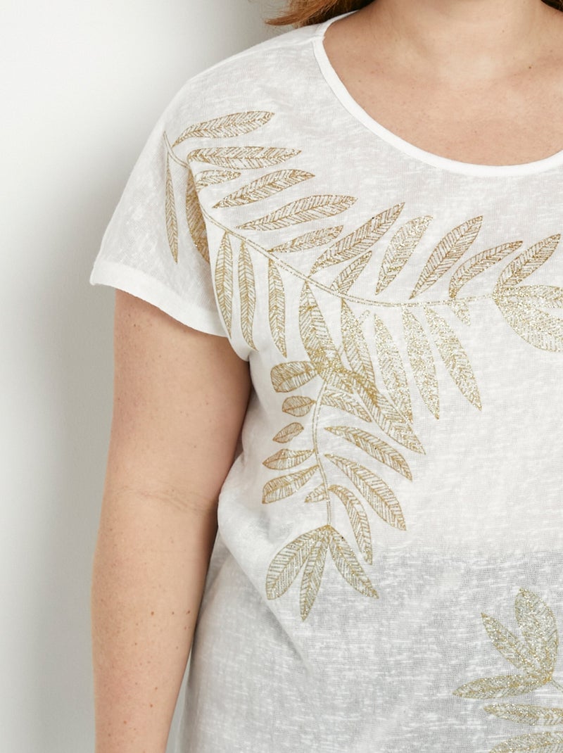 T-shirt col rond maille flammée motif doré Blanc - Kiabi