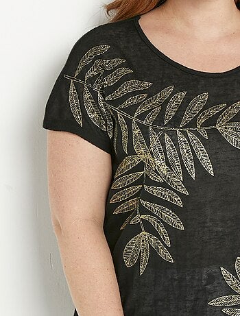 T-shirt col rond maille flammée motif doré