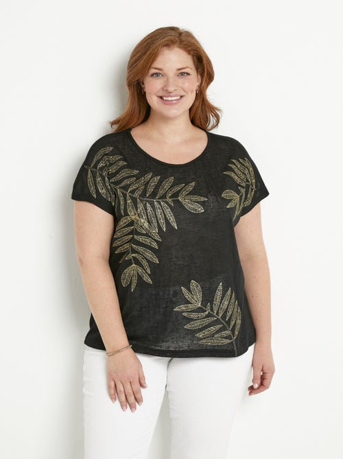 T-shirt col rond maille flammée motif doré - Kiabi