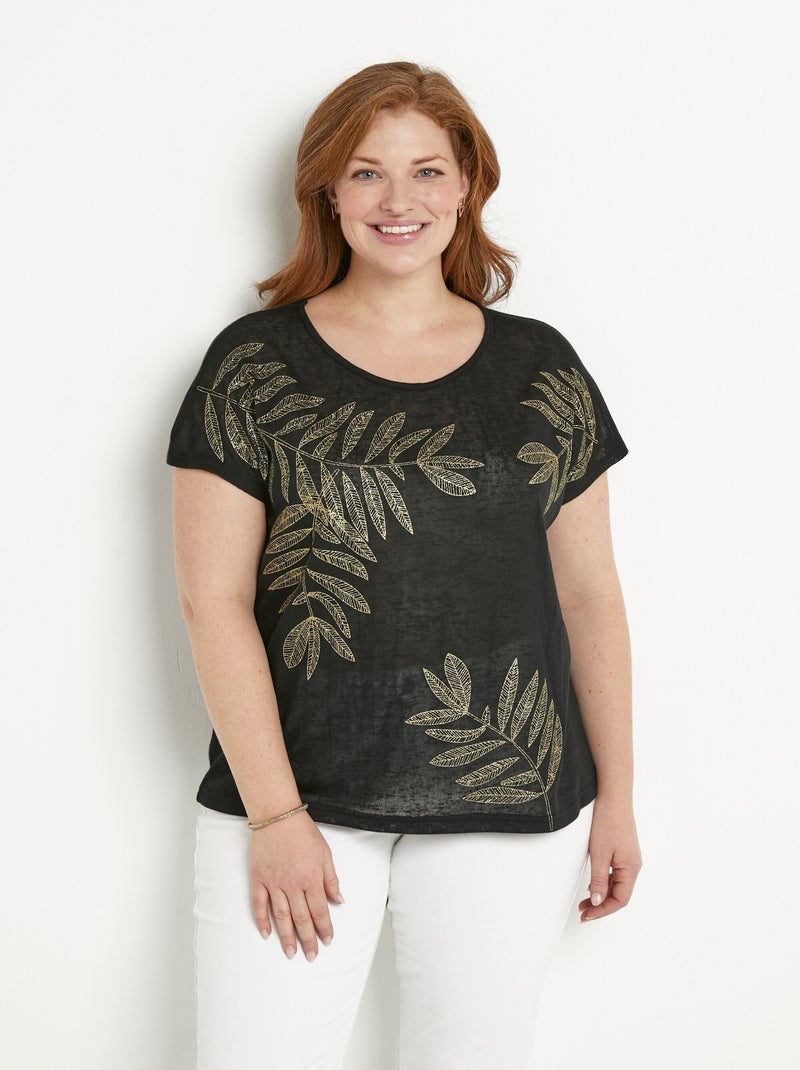 T-shirt col rond maille flammée motif doré Noir - Kiabi