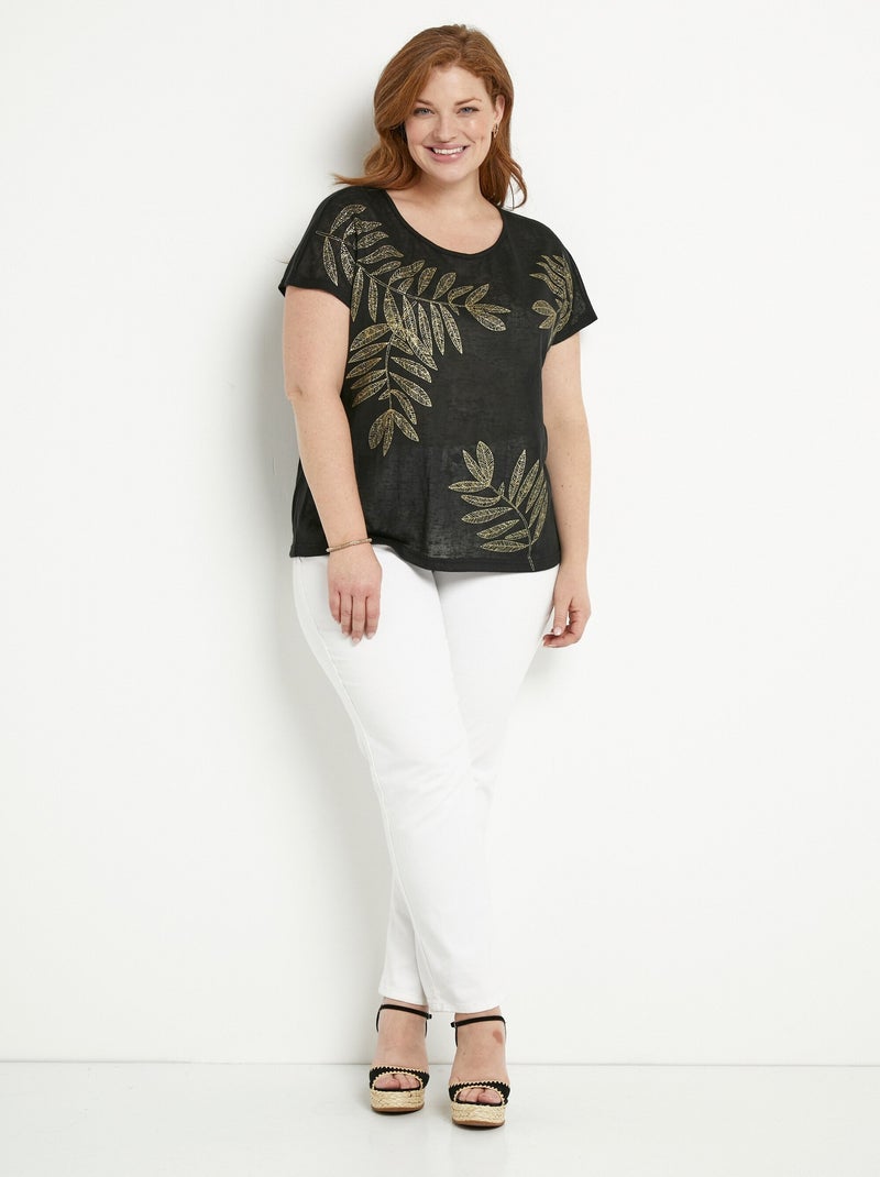 T-shirt col rond maille flammée motif doré Noir - Kiabi
