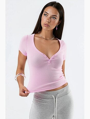 T-shirt col rond maille manches courtes boutons busem