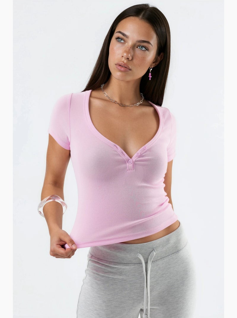 T-shirt col rond maille manches courtes boutons busem Rose pâle - Kiabi