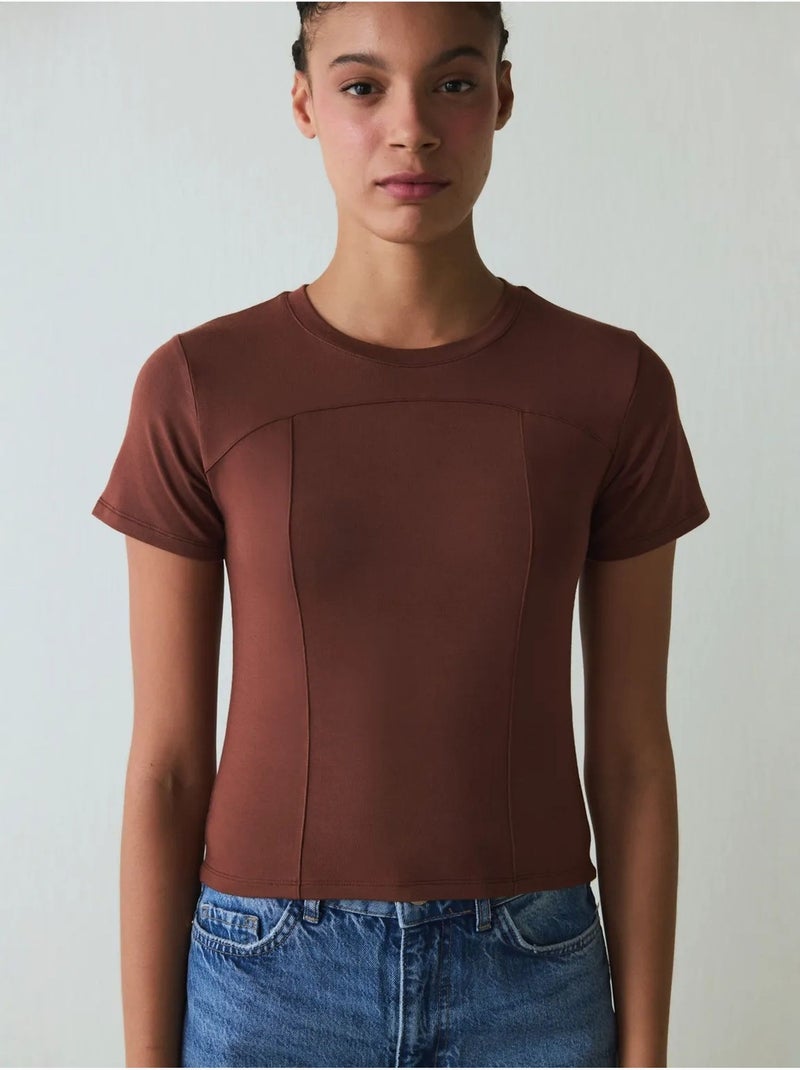 T-shirt col rond, manches courtes, coupe slim en modal penti Marron - Kiabi