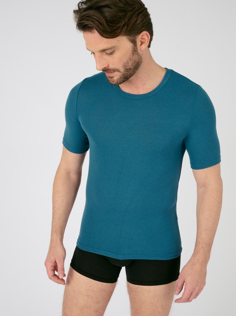 T-shirt col rond manches courtes fine côte Thermolactyl - Damart Bleu pétrole - Kiabi